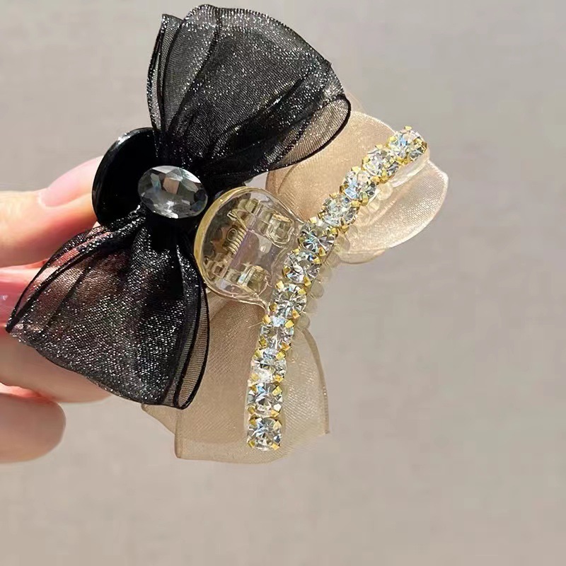 2023 Summer New AB double-sided diamond bow clip high ponytail mesh shark clip back head hair accessory pic 4