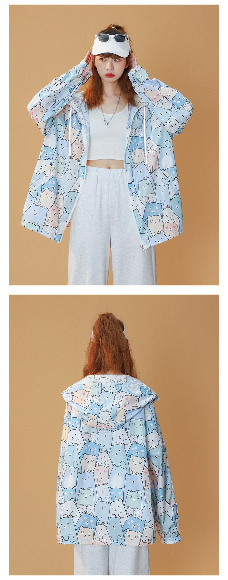 A large-sized loose hooded sun-protective cardigan with a zipper jacket for women, a new summer design with a unique and niche long-sleeved sun-protective clothing pic 3