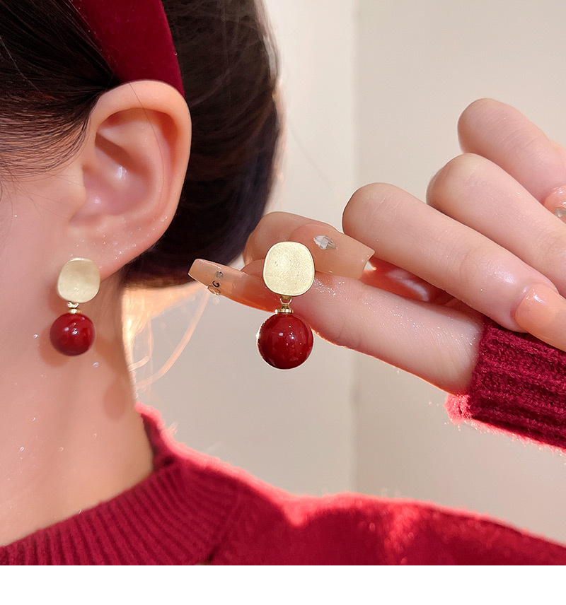 新年喜庆安可拉红色珠子耳钉女哑光拉丝几何形耳钉港风复工耳饰品详情22
