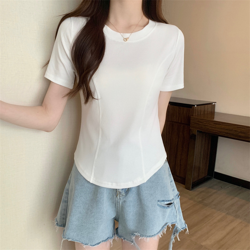 夏季新款短袖t恤女装正肩紧身设计感短款纯欲不规则下摆弧形上衣详情5