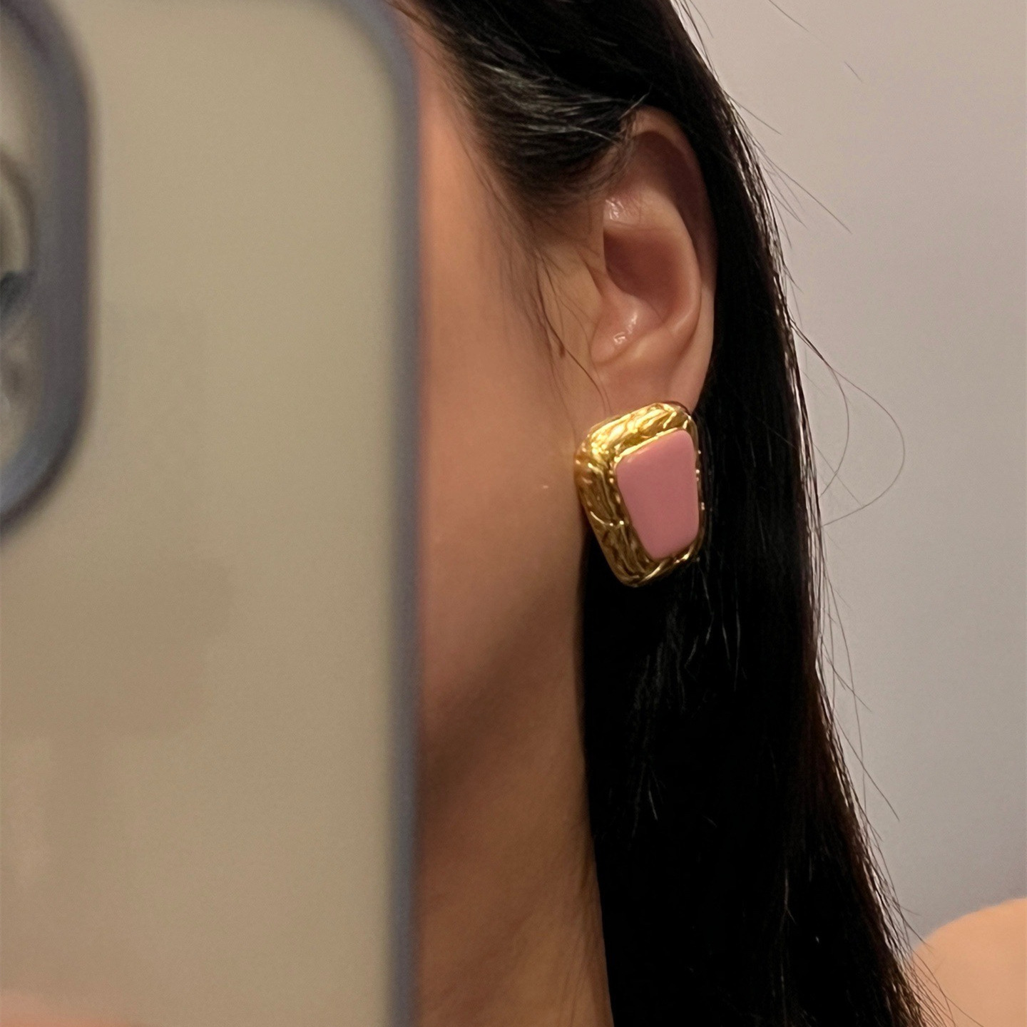 法式复古少女耳钉气质中古vintage粉色小众设计感耳环女复古耳饰详情8