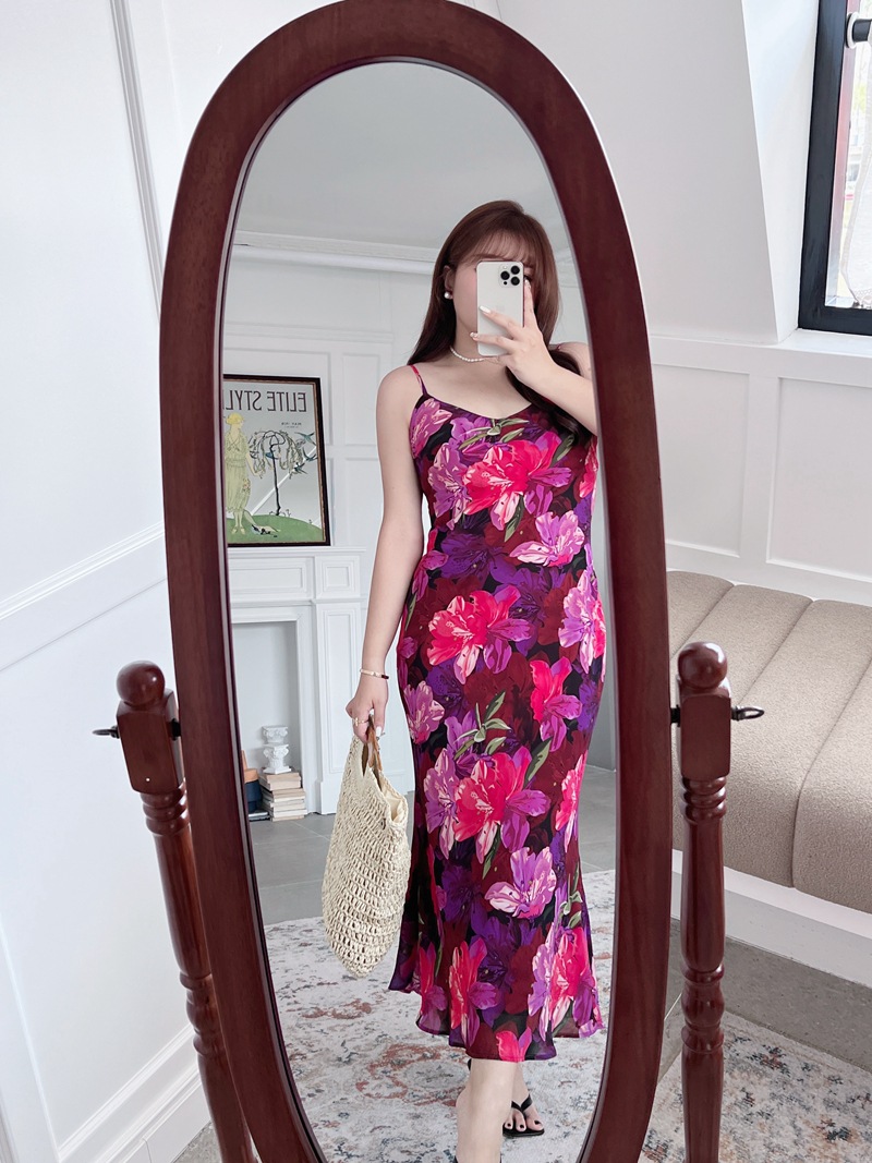 润其N8725法式收腰紫花鱼尾吊带裙批发 大码女装吊带连衣裙详情16