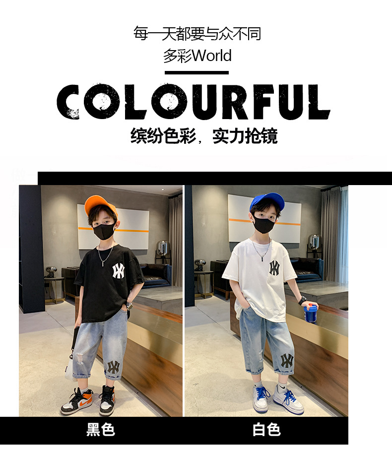 童装2023新款男童夏季套装中大童男孩夏装儿童短袖字母印花两件套详情2