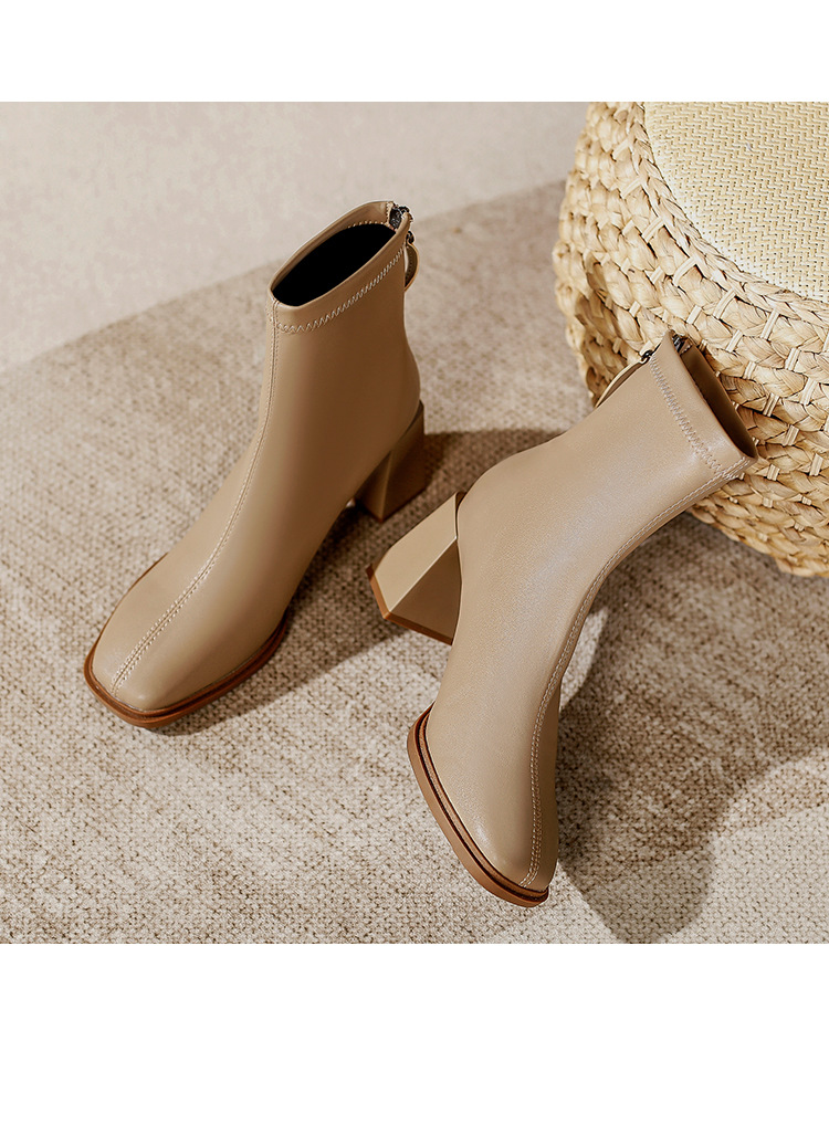 法式高跟短靴2023年新款粗跟时装靴子软皮白色春秋单靴方头瘦瘦靴详情20