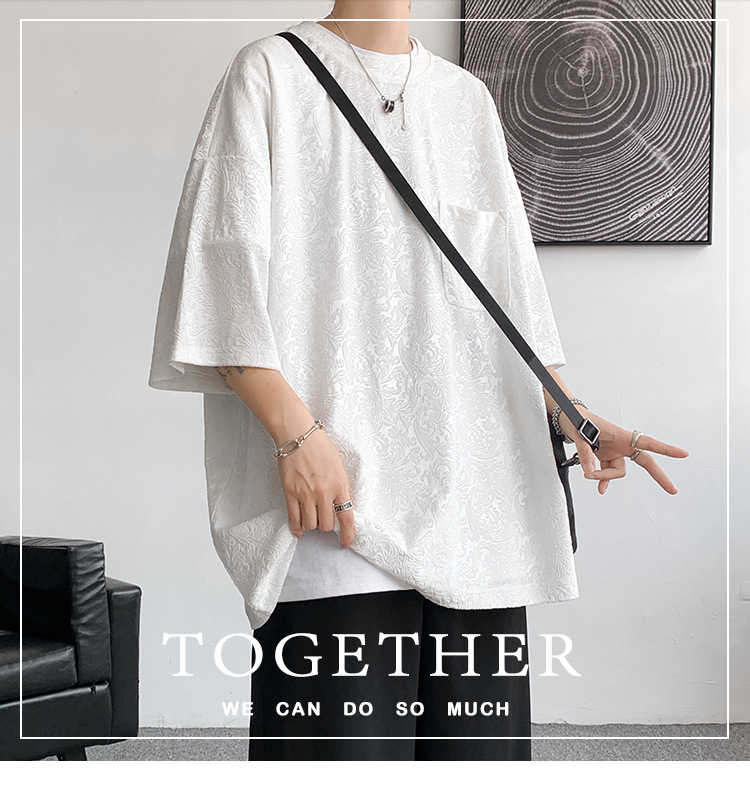 高弹提花宽松街潮ins情侣中性风短袖T恤男大码男士百搭半袖薄款详情1