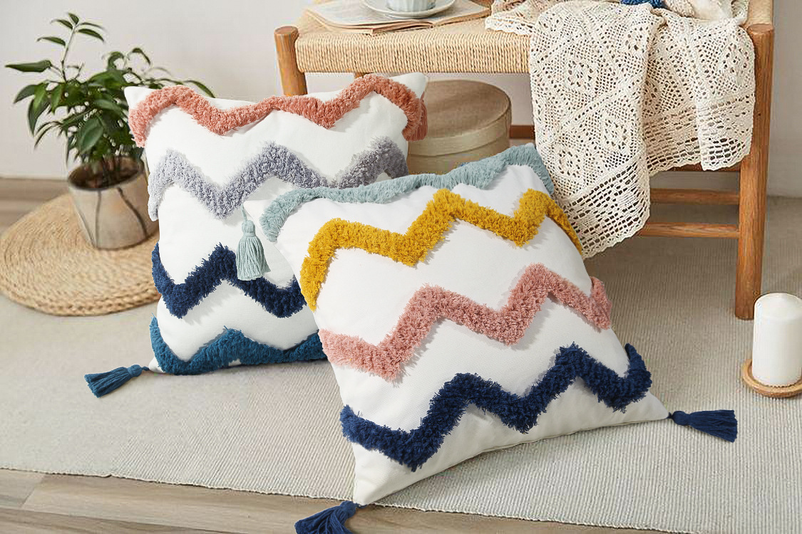 北欧风摩洛哥风格波浪线多色簇绒抱枕套双色手工流苏沙发靠垫套详情2