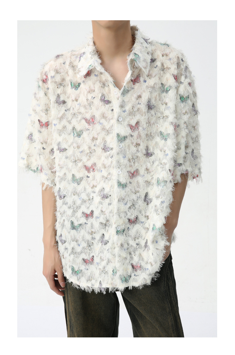 MTLCLOTHES男装|2024春款新品 法式小众独特彩色蝴蝶提花流苏衬衫详情18