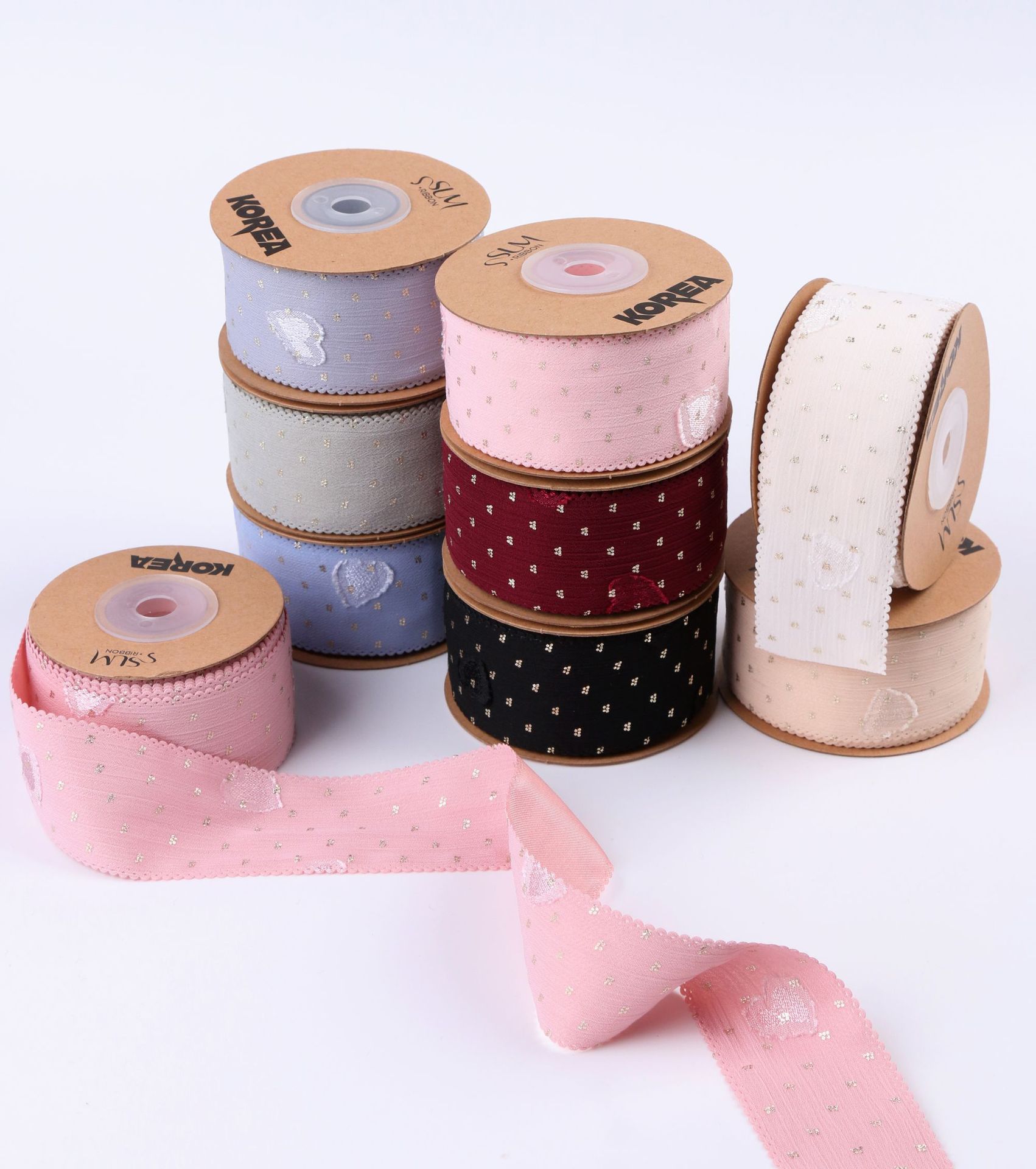 Korean-style double-layer gilded dot heart-shaped snow gauze ribbon, DIY bow hair accessory, bow tie, sleeve, top hat and other accessories pic 8