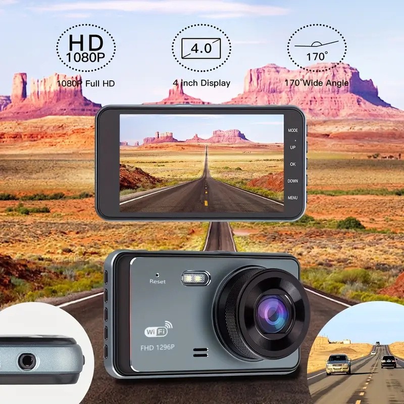 The new cross-border 4-inch high-definition night vision dashcam features dual lenses for both front and rear recording, and is connected to a mobile phone via Wi-Fi at 1296P pic 1