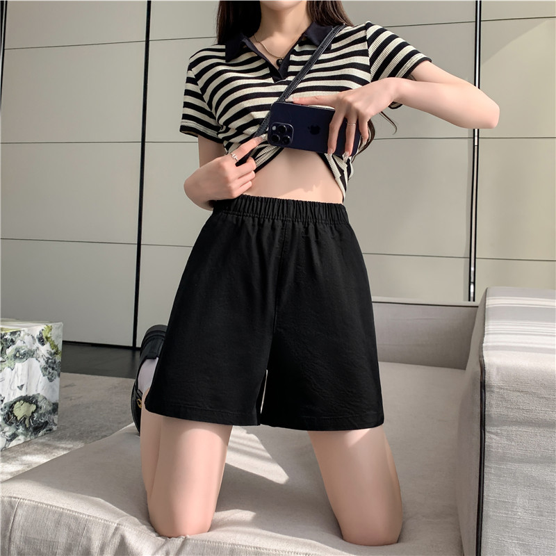 松紧高腰阔腿裤春夏日系百搭宽松显瘦休闲卡其色水洗棉短裤女夏季详情14