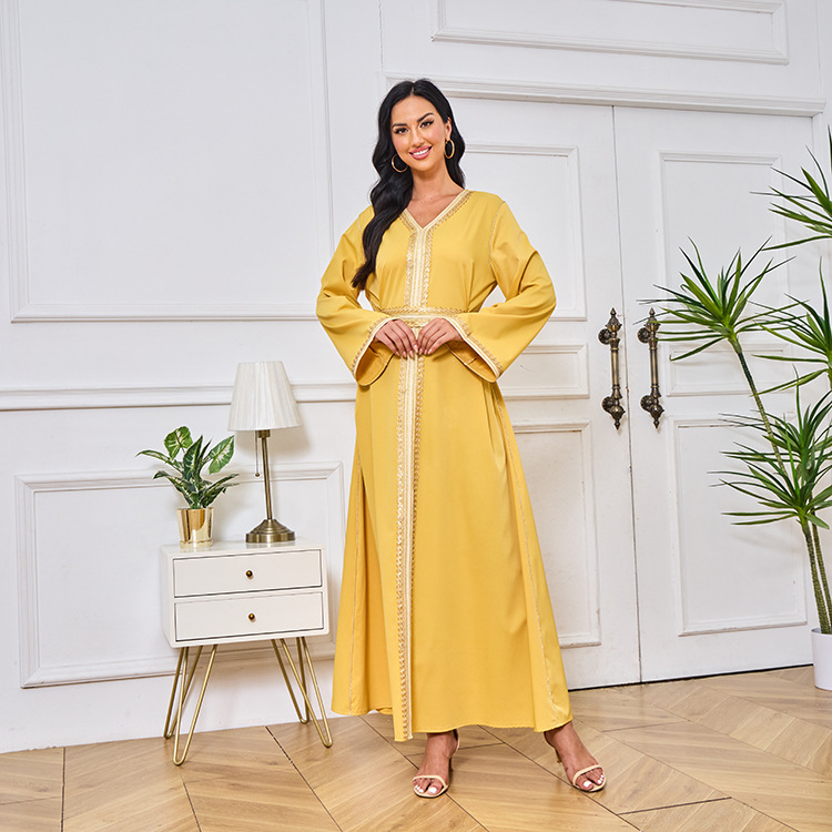 MT098中东外贸迪拜穆斯林长袍女装 刺绣金色珠片花边连衣裙 abaya详情25