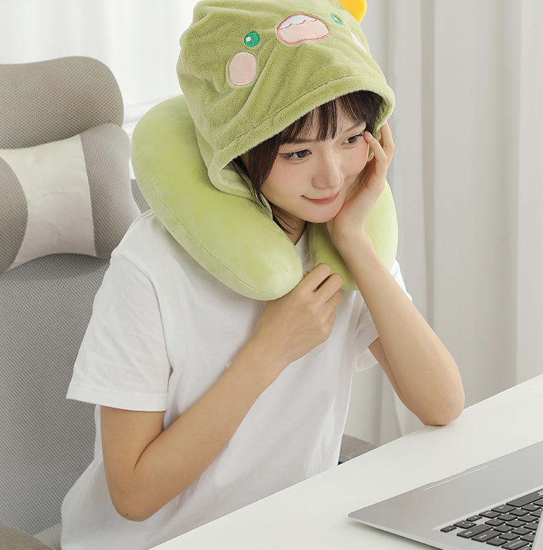 New cartoon hooded U-shaped pillow, plush hooded neck pillow, travel portable neck pillow, soft office nap pillow pic 27