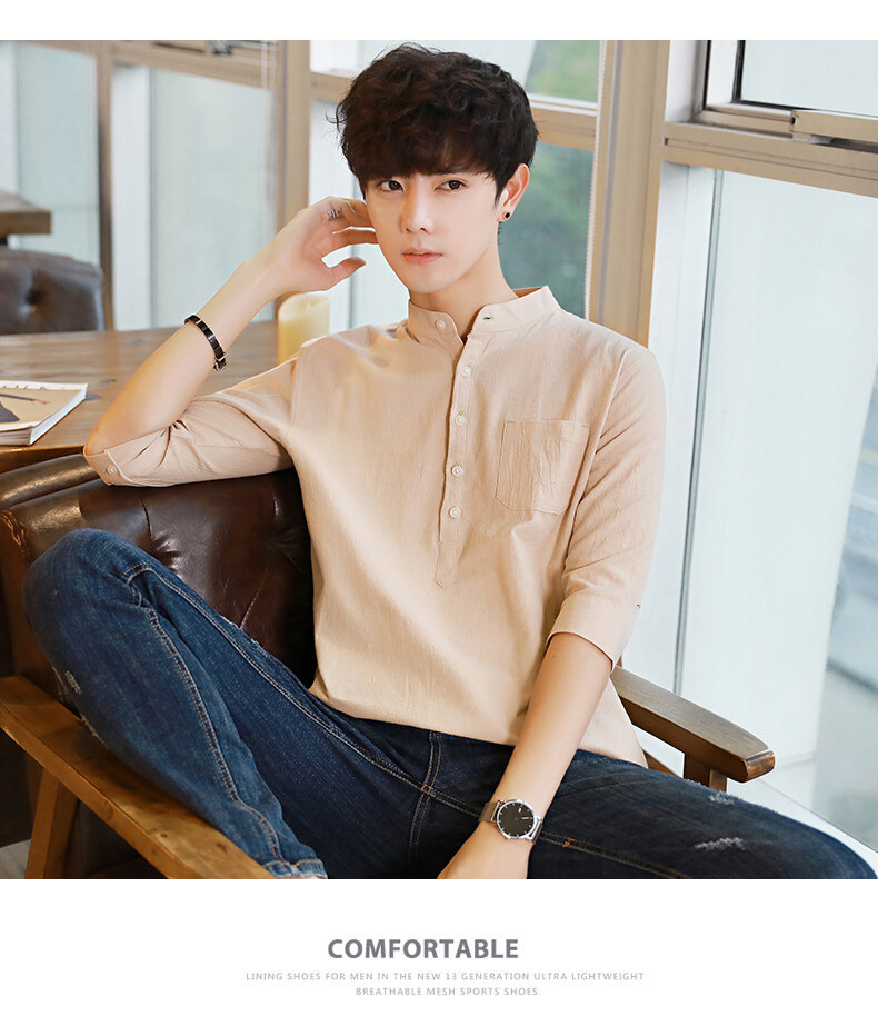 衬衫男士夏季韩版潮流帅气休闲百搭亚麻上衣七分短袖男装白色衬衣详情12