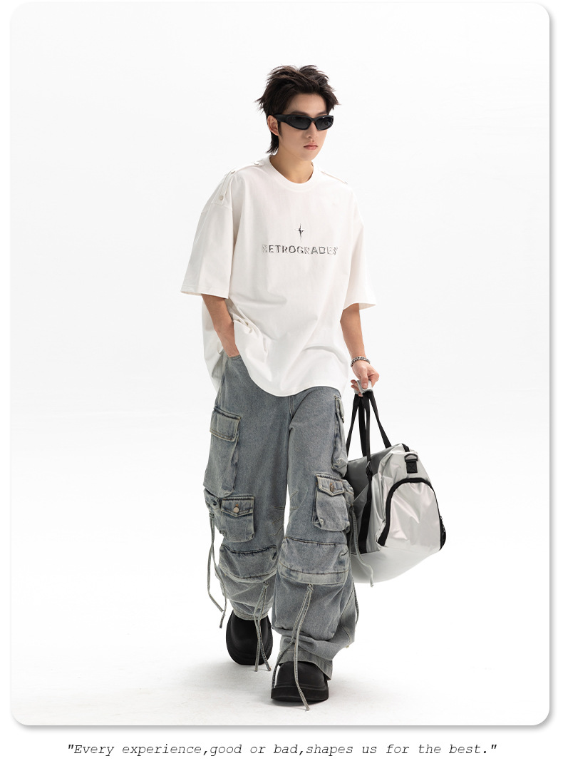 Shoulder four-button design T-shirt for men, loose American streetwear brand, metallic texture printed high street short-sleeved T-shirt, summer q pic 16