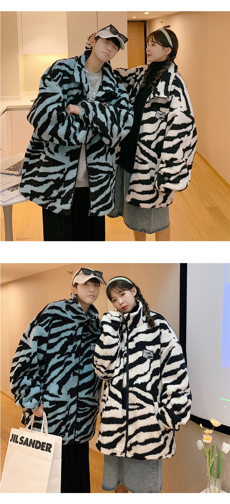 Thick cotton-padded jacket for couples 2021 winter, striped lambskin stand-up collar coat, warm cotton-padded jacket pic 8