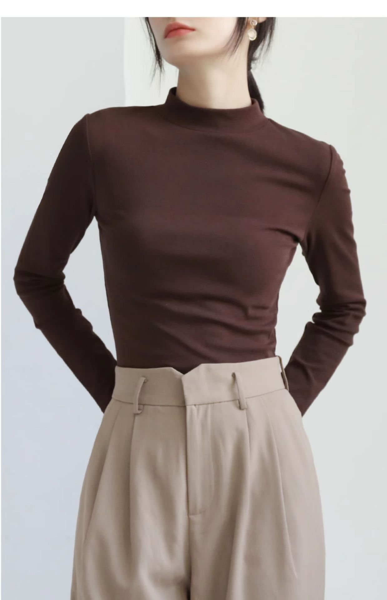 Pequeño cuello alto polainera blanca colgante interior otoño/invierno top mujer algodón cuello medio manga larga camiseta slim fit pic 29