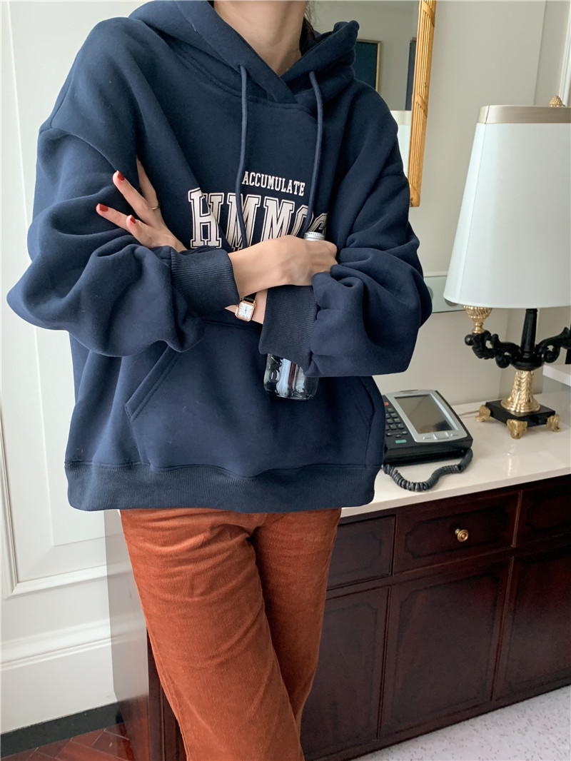 Letter-printed pullover with fleece hooded sweatshirt for women 2023 autumn/Winter new style Korean loose and versatile long-sleeved top pic 36