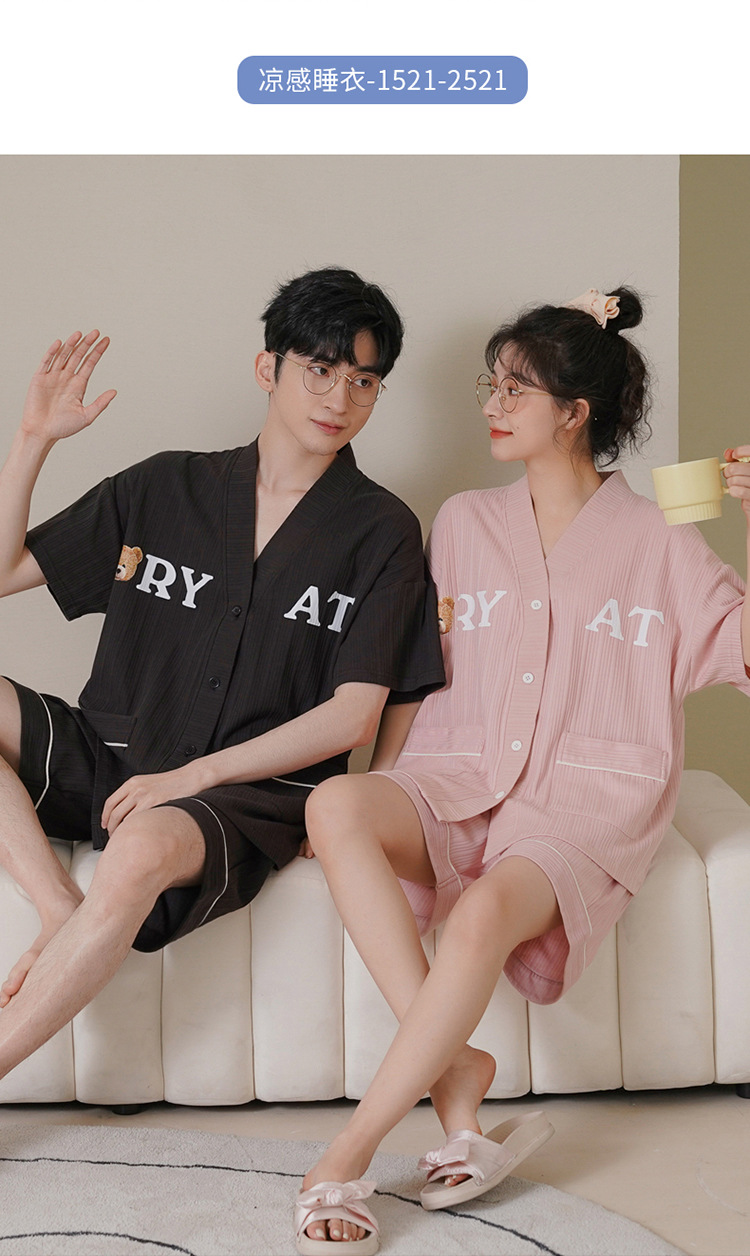 Chun baifen cute pareja pijama mujer de verano manga corta pantalones cortos cardigan hombre trajes casuales ropa casera usable exterior pic 30