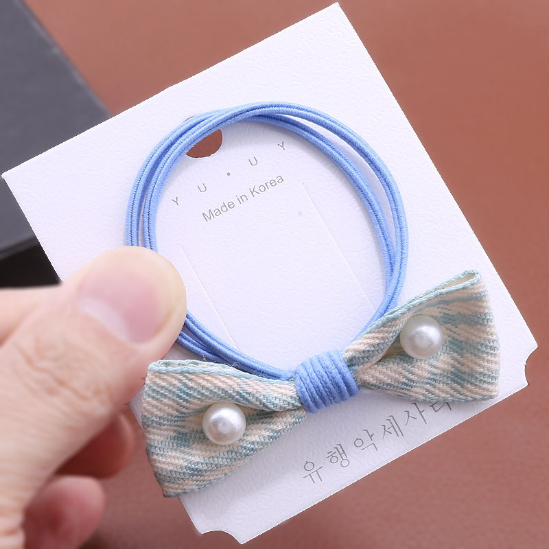 Korean-style pearl fabric checkered bow hair band leather band fresh leather band macaron fresh hair band head accessory pic 7