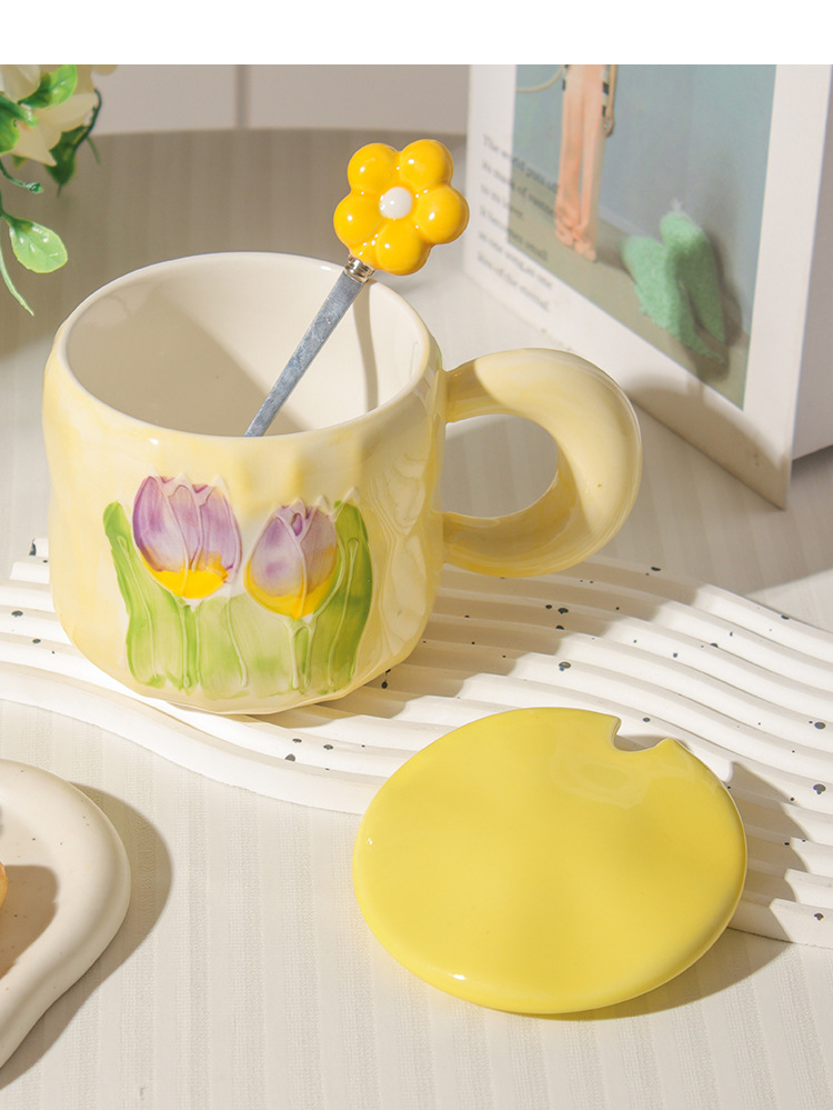 高颜值郁金香杯子ins风女生马克杯带盖勺情侣家用陶瓷水杯咖啡杯详情14