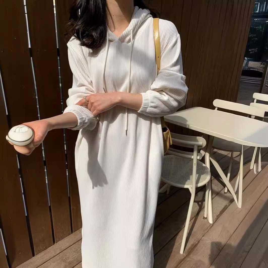 跨境货源女装韩版新品chic连帽宽松长款连衣裙大码休闲衬衣长裙详情13