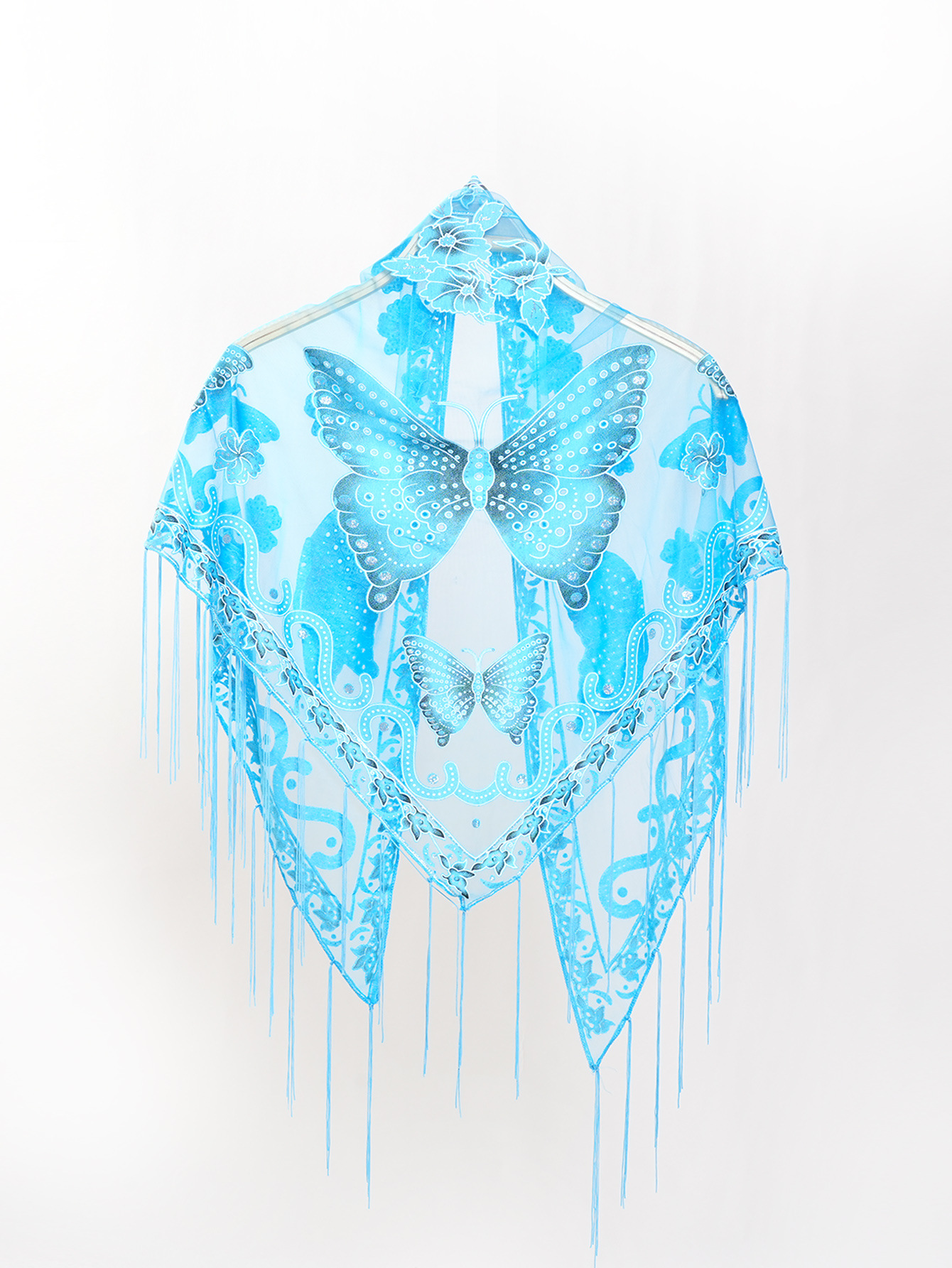 新款跨境专供流苏纯色镂空三角巾蕾丝蝴蝶绣花女士三角披肩围巾详情4