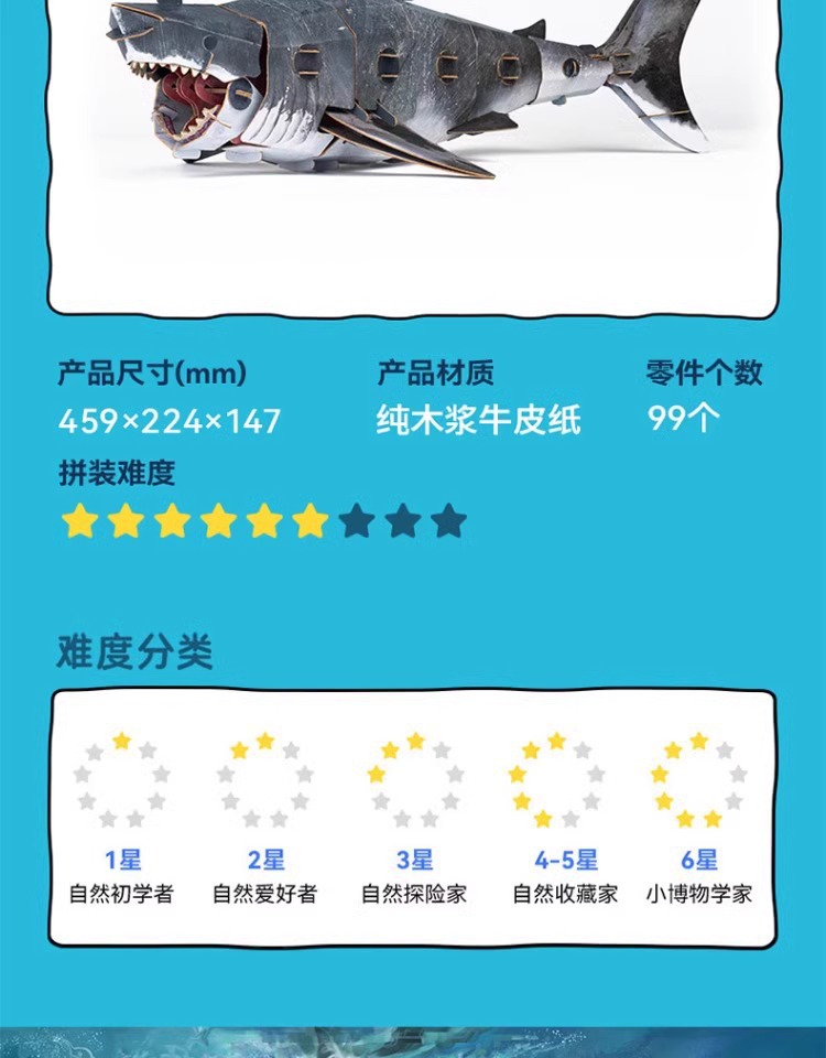 梦巴格3D立体纸拼图益智模型拼插装玩具自然科普动物手工噬人鲨鱼益智拼图玩具详情4