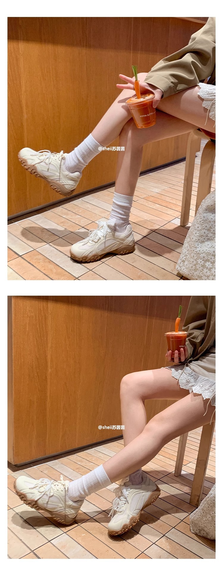 苏茵茵月牙底运动鞋蕾丝珍珠鸳鸯带厚底休闲鞋女德训鞋女小白鞋详情21