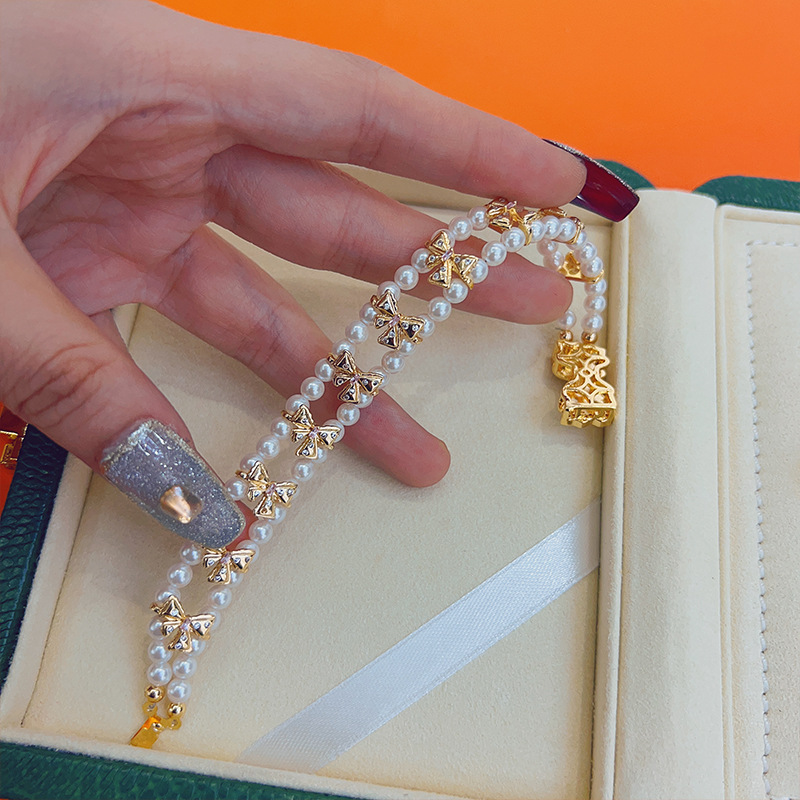 New style of elegant copper-plated real gold three-row bow spacer necklace bracelet link diy accessory pic 9
