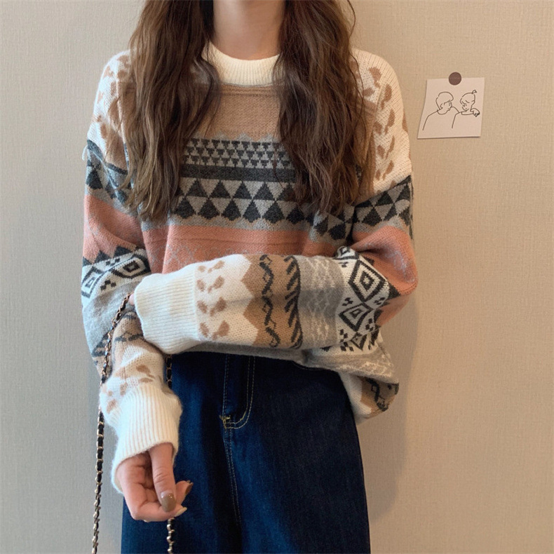 2023秋季新款复古休闲百搭慵懒风套头圆领针织毛衣女撞色针织上衣详情10