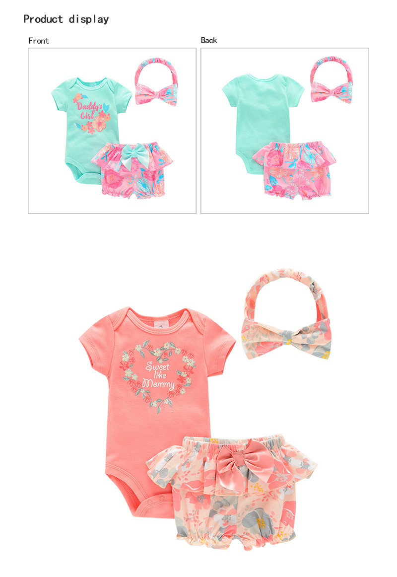 新款Payifang婴儿连体衣 女宝宝短袖三角哈+裙边短裤+头套详情3