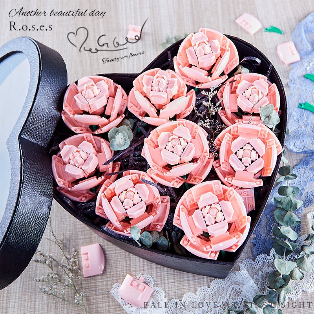 跨境玫瑰花积木兼容乐高花束永生花粉玫瑰向日葵郁金香拼装玩具详情5