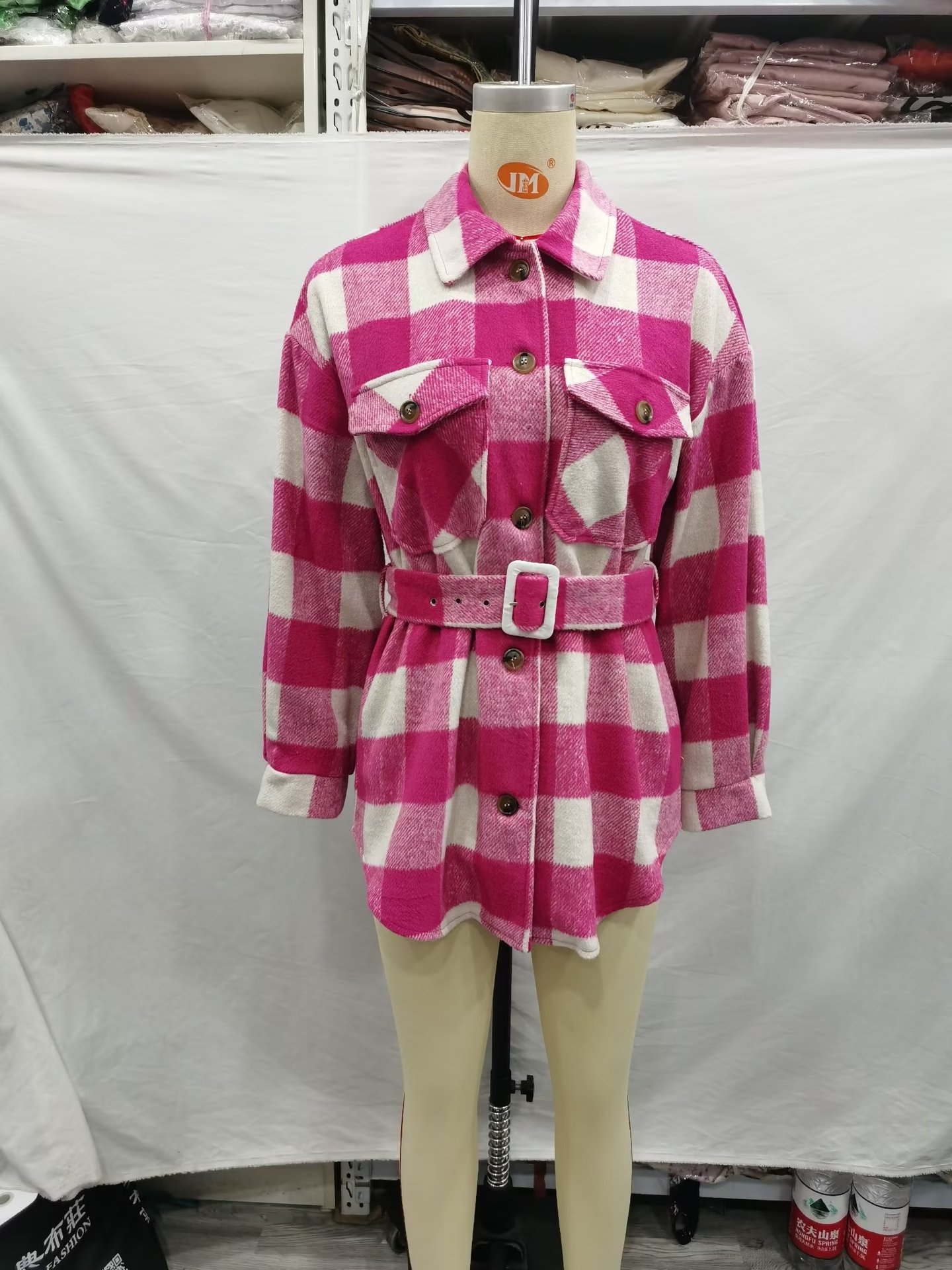 T2024跨境时尚女装 2022秋季新品 腰带格子毛呢宽松外套 5270女式详情4