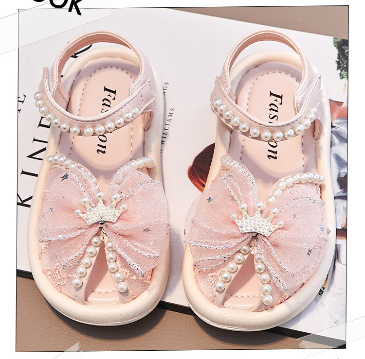 儿童小中大童鱼嘴凉鞋2023年夏季女童珍珠蝴蝶结水钻皇冠公主凉鞋详情10