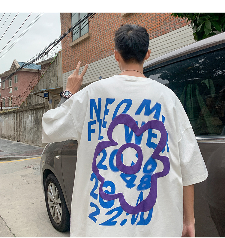 潮牌男装直播货源 190g克新疆棉宽松韩版T恤发泡印花朵袖短男t详情13
