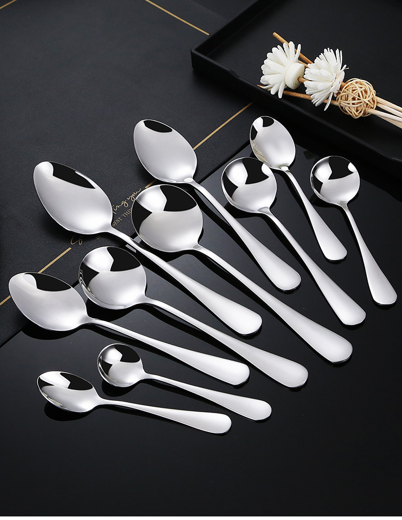 不锈钢勺子家用吃饭汤勺调羹长柄甜品圆勺加厚1010酒店西餐具批发详情14
