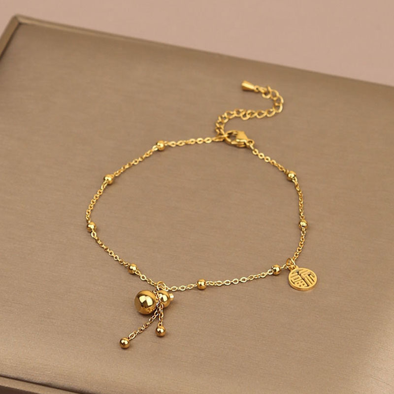 韩版钛钢字母铃铛铜钱镶钻脚链女18k玫瑰金时尚简约学生个性脚饰详情15