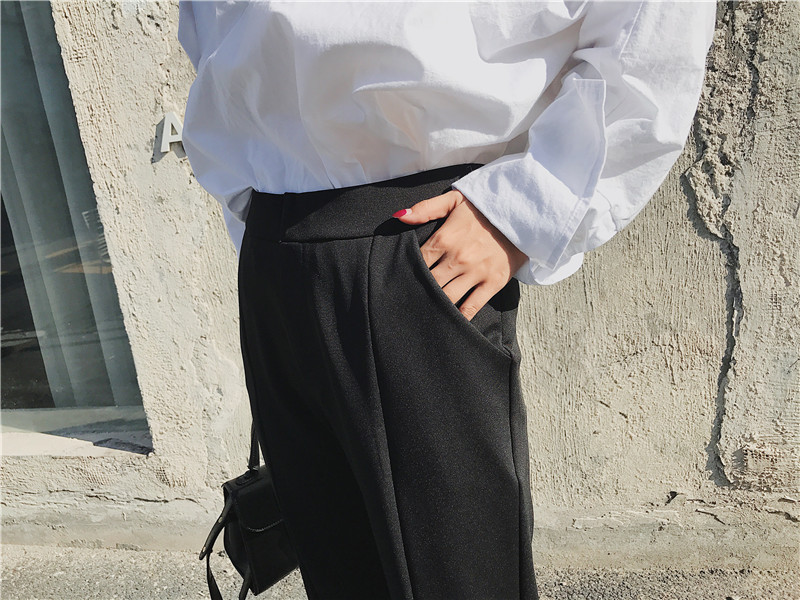 High-waisted, letter-printed black, slightly flared, fashionable, slit straight 9-inch casual pants pic 3