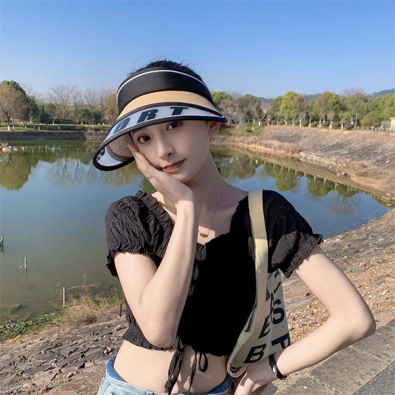 A wide-brimmed lettered open-top sun hat for women to ride in summer without flipping, a beach sun hat that protects against ultraviolet rays, and a Korean style trend pic 10