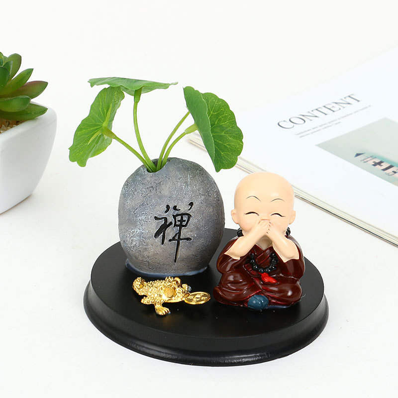 汽车小摆件禅意古风荷叶仿真绿植铜钱草佛珠小和尚车载中控台装饰详情5