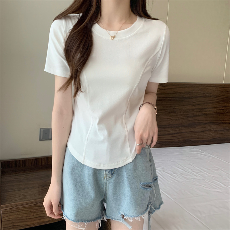 夏季新款短袖t恤女装正肩紧身设计感短款纯欲不规则下摆弧形上衣详情4
