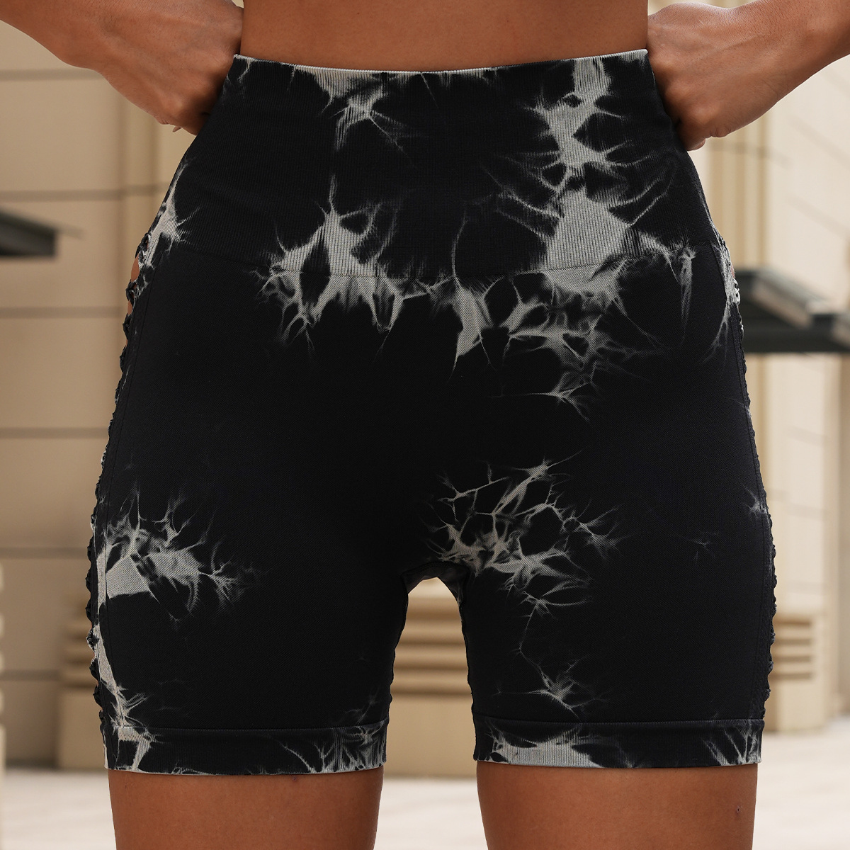 新款扎染瑜伽裤跨境蜜桃提臀侧镂空紧身裤高腰无缝健身运动短裤女详情10