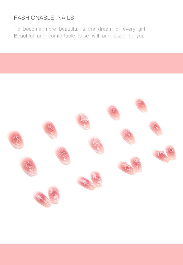 Three-dimensional relief camellia pearl aurora square diamond nail art pieces, wearable nail products wholesale, Long Island iced tea short ballet pic 7