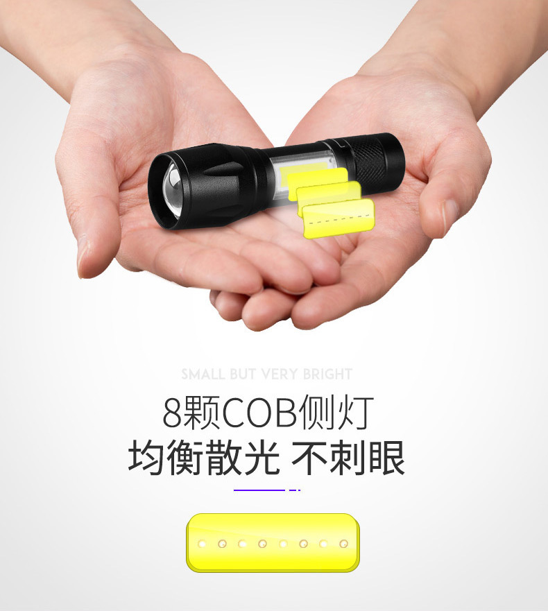 Cross-border exclusive flashlight, strong light rechargeable zoom, aluminum alloy side light strip, pen holder, long-range shooting, outdoor home small pic 5