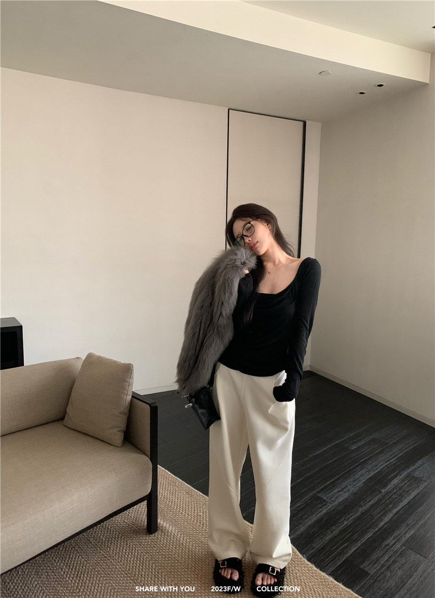 基础款纯色简约百搭舒适慵懒风薄款上衣U领打底衫内搭长袖t恤女详情26