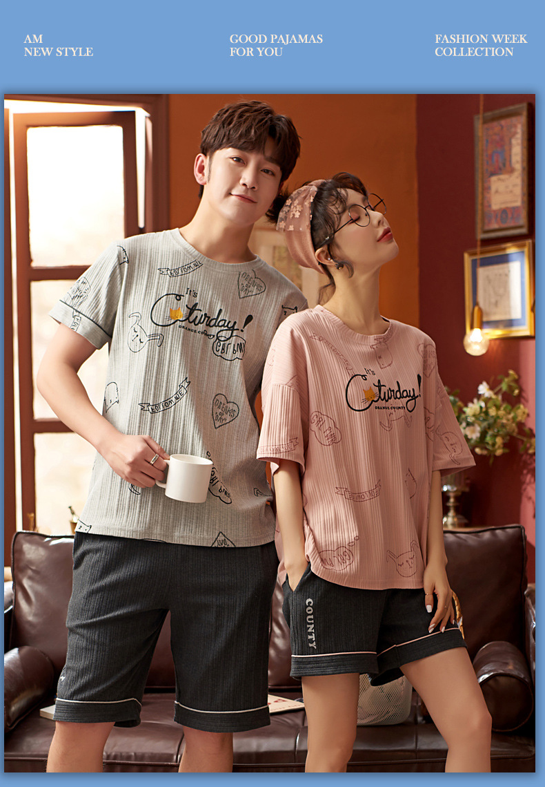 Novedades pareja manga corta pantalones cortos pijamas mujer verano slim algodón peinado hombre traje de hogar suelto casual cartoon pic 38