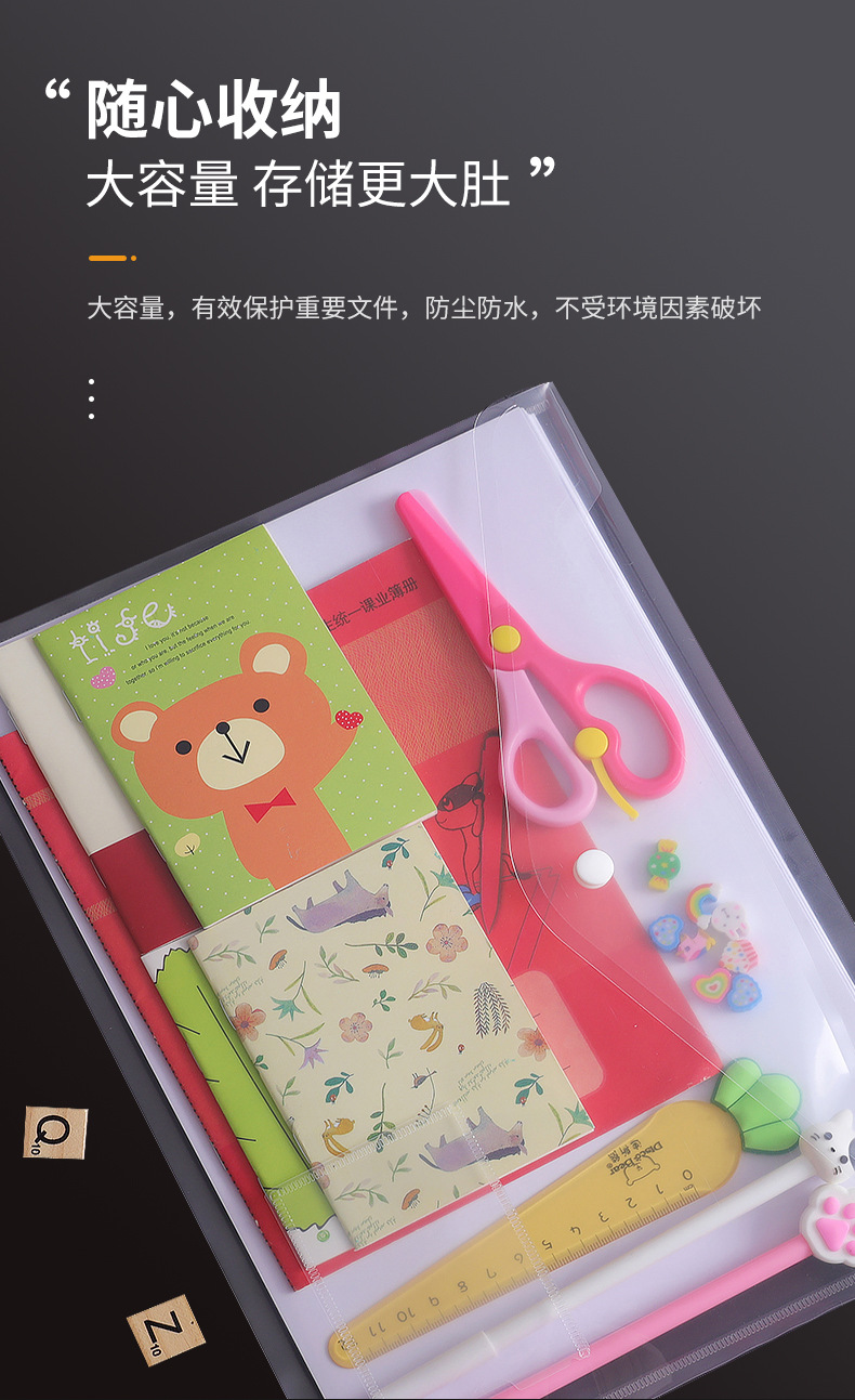 Wholesale of Morandi color transparent snap file bags, a4 storage test paper materials file bags, PP waterproof bags with labels pic 12