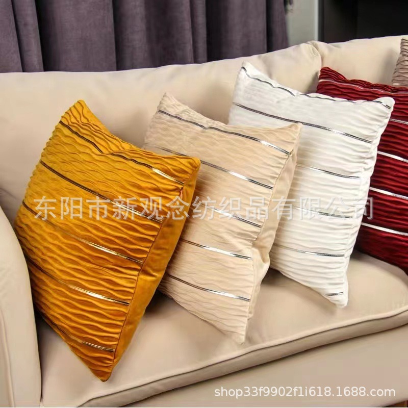 Solid-color Dutch fleece throw pillow cushion sofa, American-style bedside car pillow, light luxury gold bar striped foreign trade pillowcase pic 6