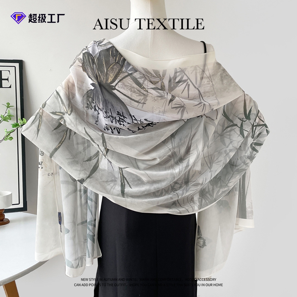 国潮中式山水丝巾方巾高级感高档香云纱装饰围脖夏季防晒披肩现货批发详情8