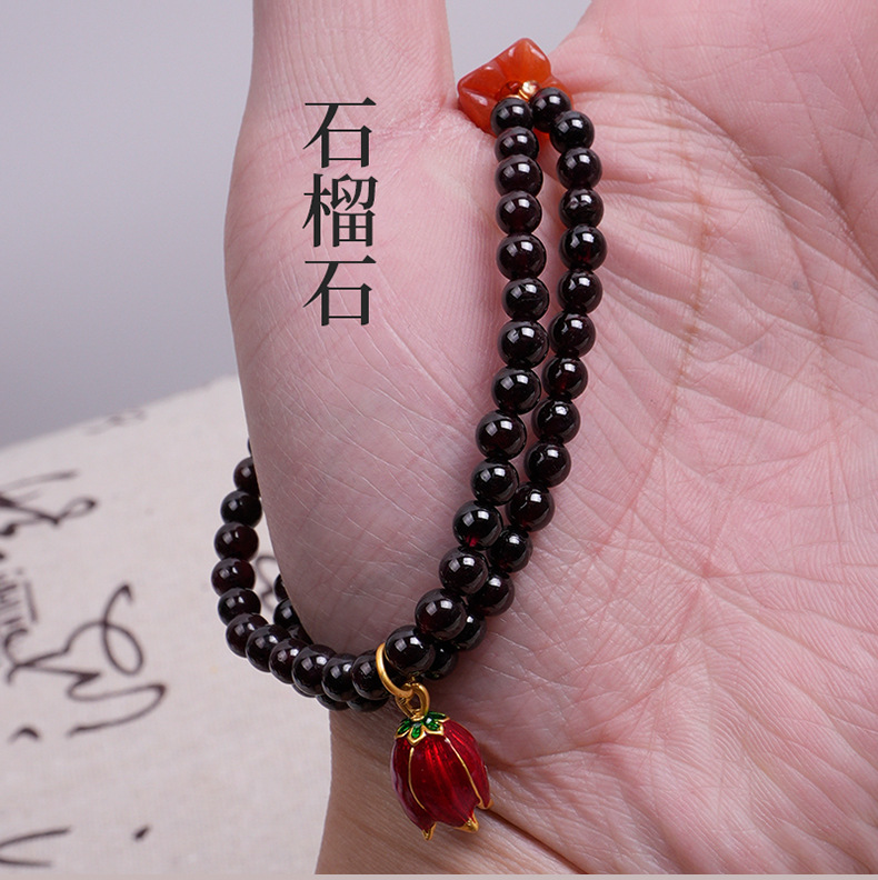 彩色醒狮铃铛莲花手串玉石带玛瑙莲花吊坠手链双层串珠弹力手链女详情1